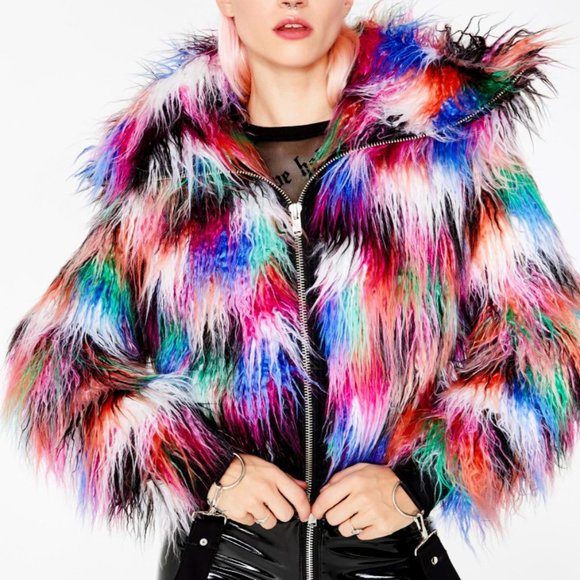 Dolls Kill Jackets & Blazers - Faux Fur Rainbow Multi Coat Hoodie Crop Velu